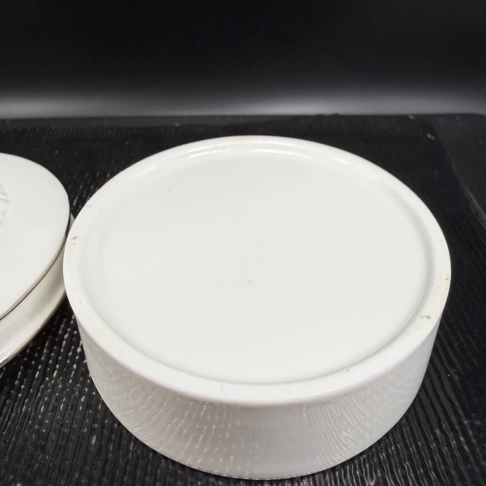 Pandora White Ceramic Round Jewelry Box Black Velvet Lining Lattice Lid 4 Inch
